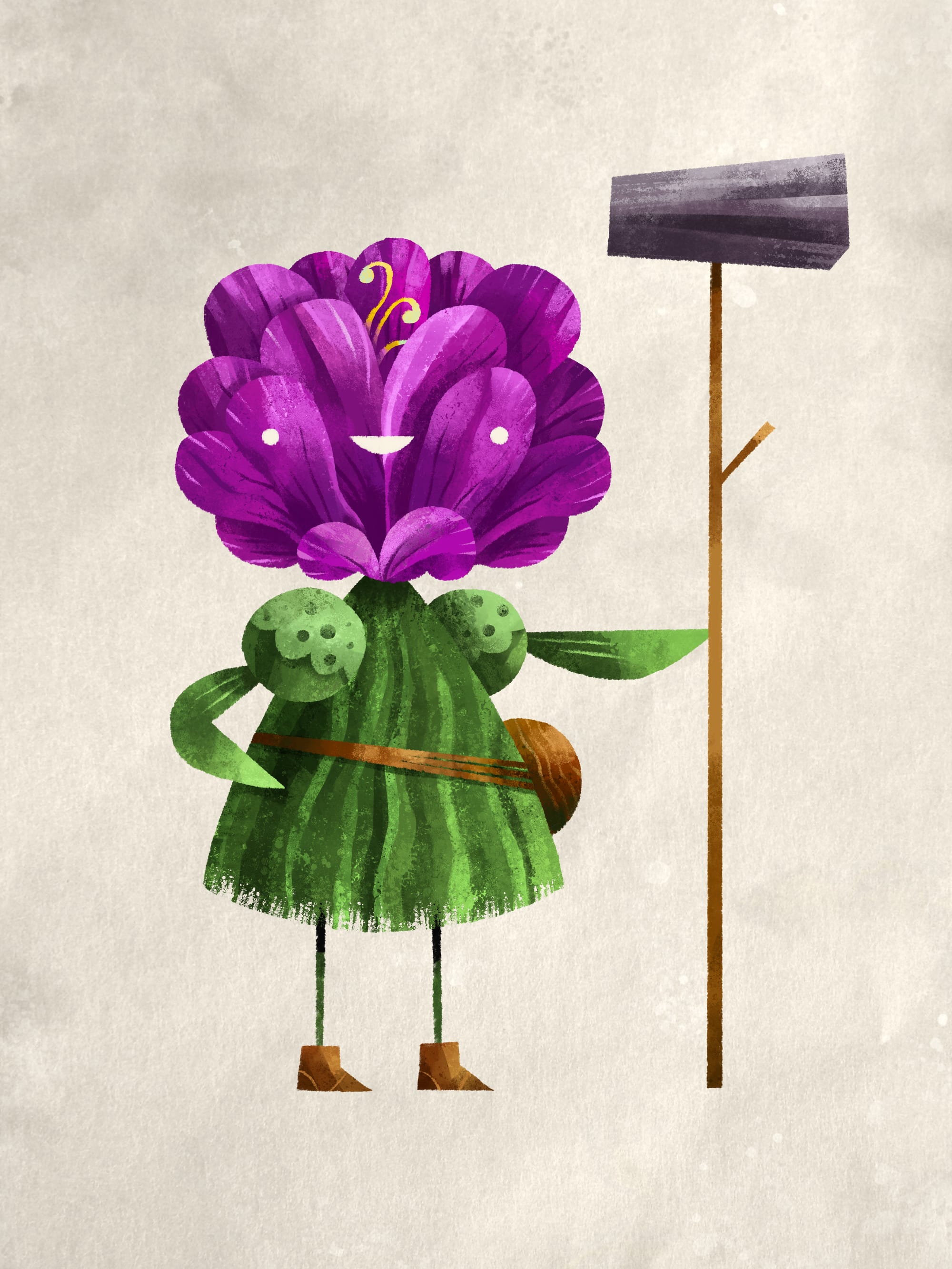 A purple flower with a face and its stem is a dress, holding a shovel. 
