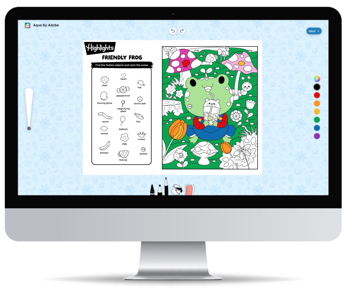 screen mock up showing Highlights Friendly Frog template inside Aqua by Adobe editor