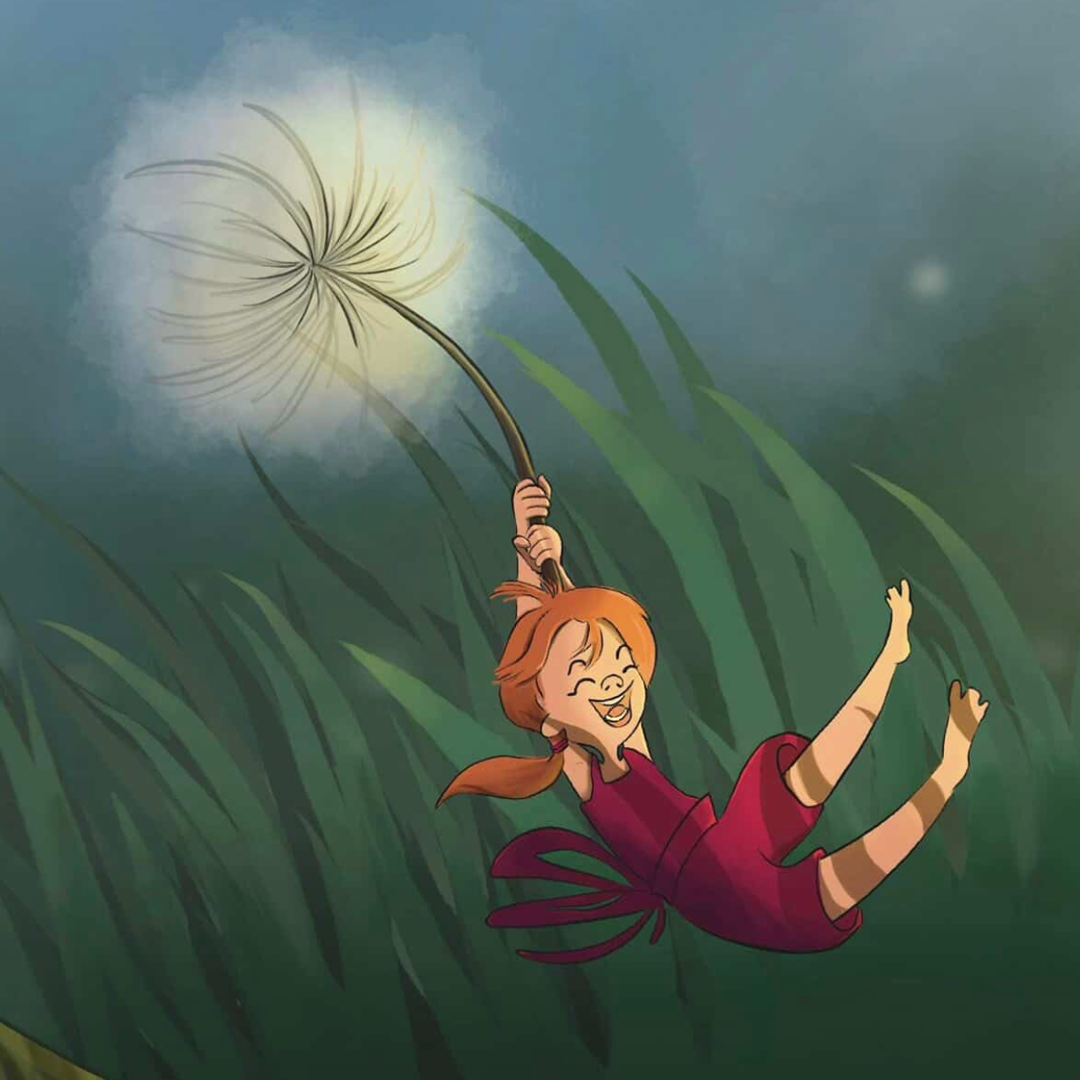 A tiny human with white skin and orange hair sailing across a field of grass holding onto a dandelion.