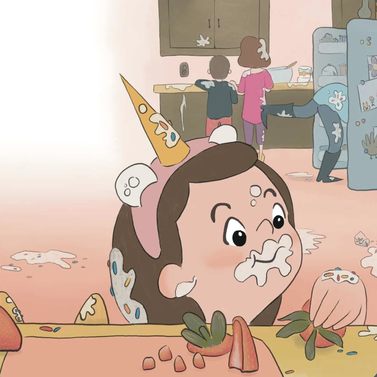 An illustration of a little girl with ice cream all over her hands and head, with a cone on her head, eating strawberries in the kitchen. Her family is behind her also messy in the kitchen. 