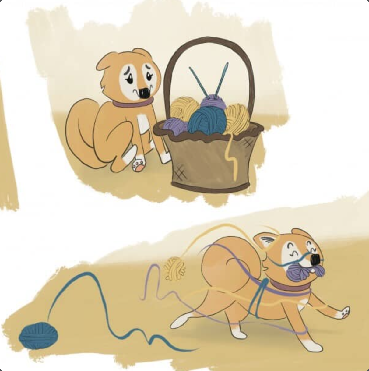 An image of an orange and white dog frowning at a basket of yarn, then the dog running off with yarn in its mouth.