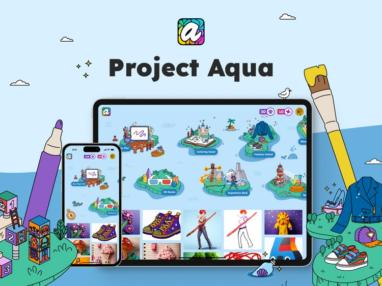 Aqua by Adobe drawing app interface displayed on a tablet with colorful creative tools visible on screen.