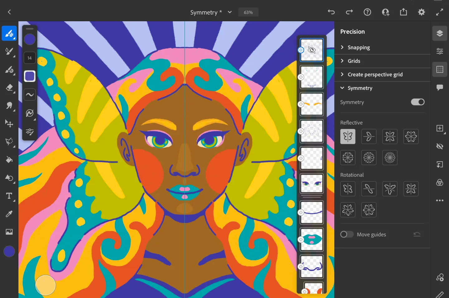 Adobe Fresco drawing interface displayed on a tablet with digital brush tools visible.