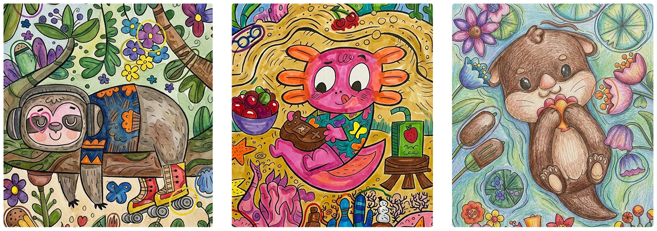 Three animal coloring pages in a row from Highlights for Children