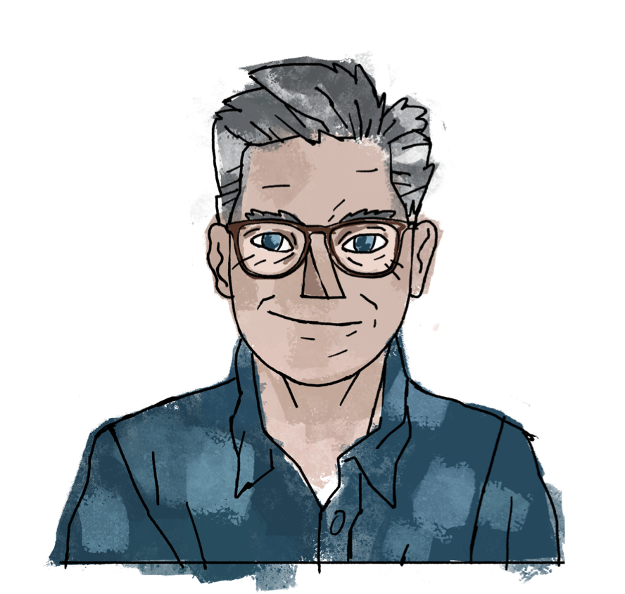 Sketched drawing of a caucasian man with gray short hair, brown thick frame glasses, blue eyes, smiling softly, wearing a blue button down shirt
