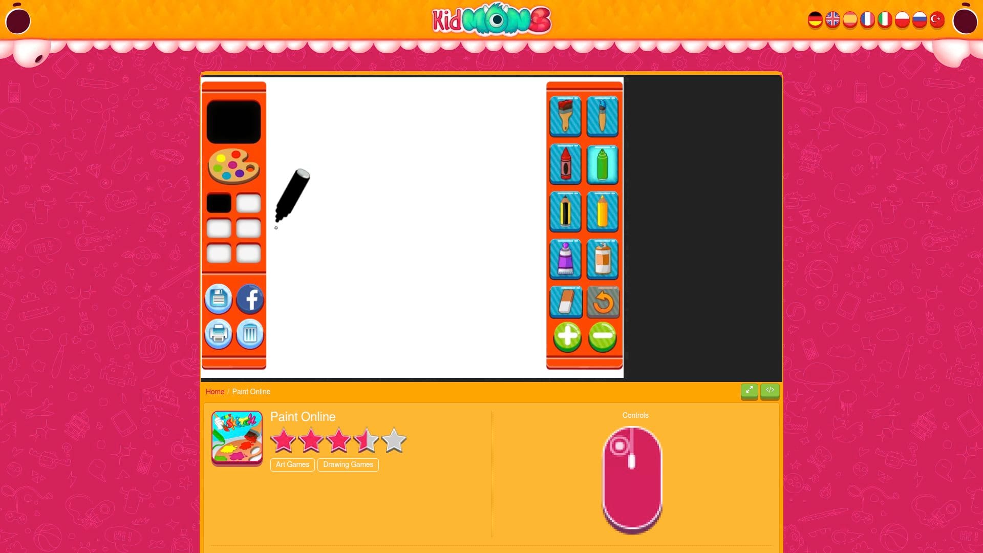 The drawing and painting window appears showing the choices available for the artist