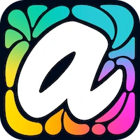 a square black box surrounds a stained glass design with a white A in the middle, the logo for Aqua by Adobe. The design appears in rainbow colors