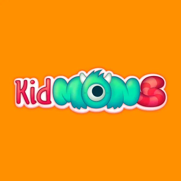 Red letters spell the word kid, while the rest of the company name “mons” is stylized to look like a monster with green fur, horns, one eye, and a red tail