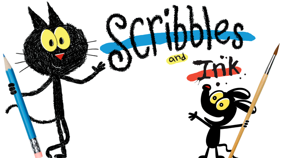 Cat and mouse characters from PBS kids are shown drawing the Scribbles and Ink logo with a pencil and paintbrush
