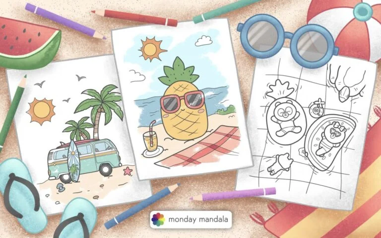 Three summer-themed coloring pages in various stages of completion appear on a cartoon-style background of a beach