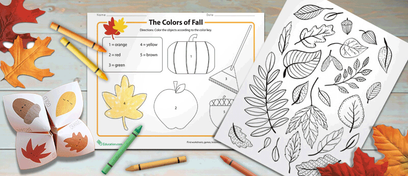 Fall-themed coloring pages appear with crayons