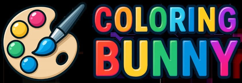 Coloring Bunny logo, a paint pallet with colors and company name in rainbow colors