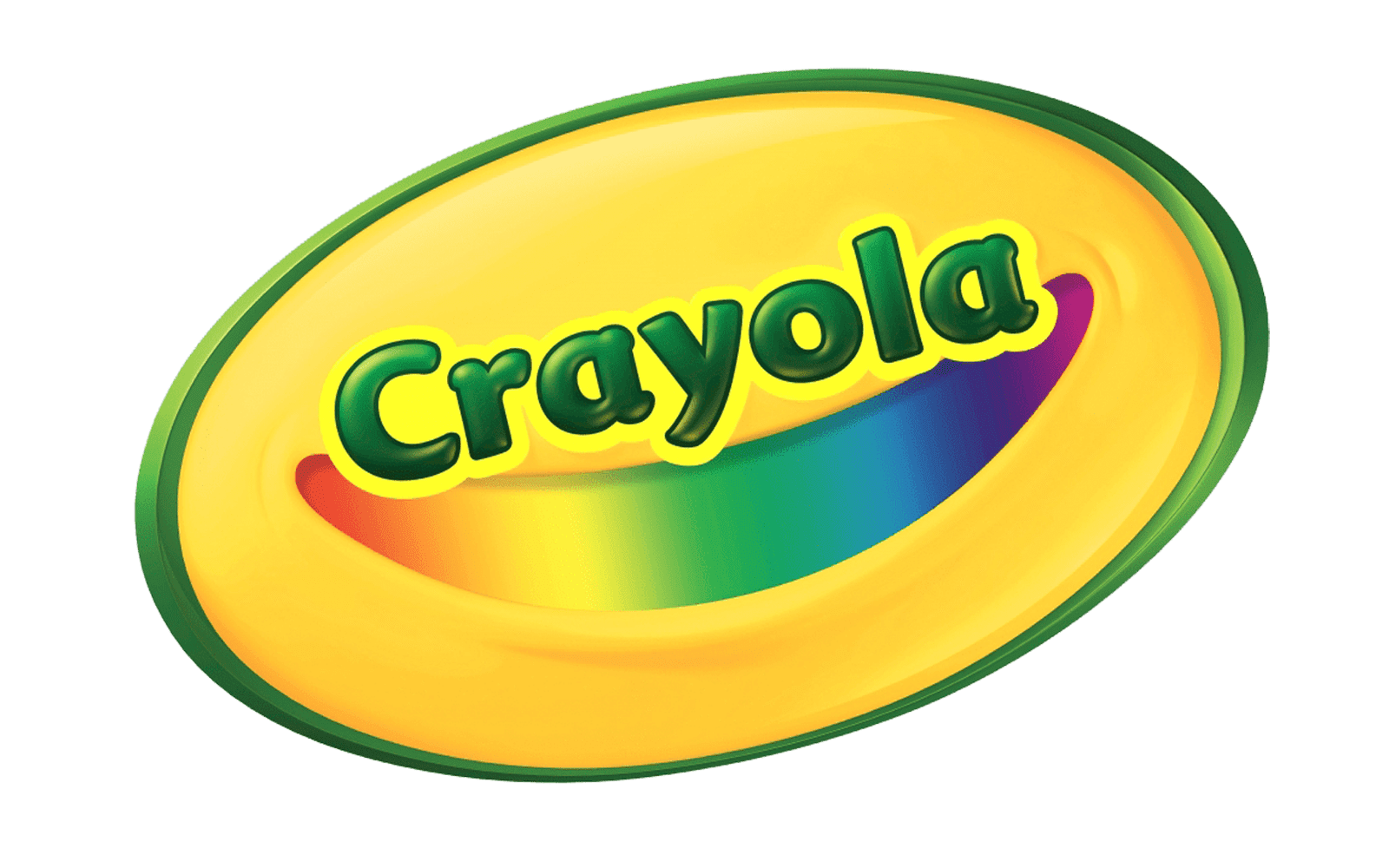 Crayola Logo, a yellow oval with company name atop a shape with rainbow colors