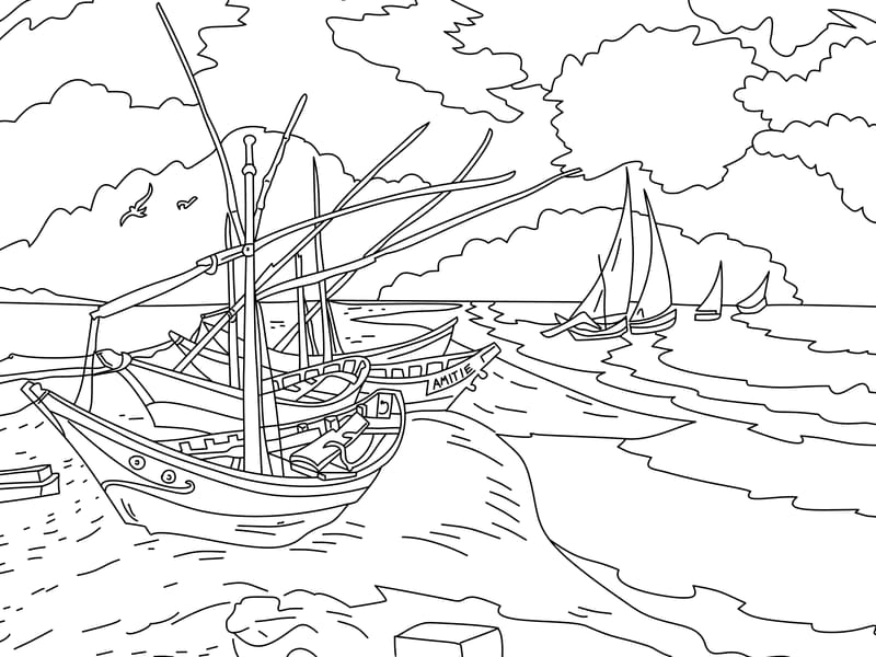 Vincent Van Gogh - Fishing Boats on the Beach at Saintes-Maries Coloring Page