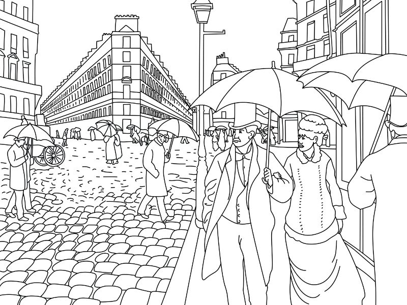 Gustave Caillebotted: Paris Street, Rainy Day Coloring Page