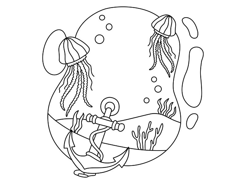 Jellyfish and Anchor Coloring Page