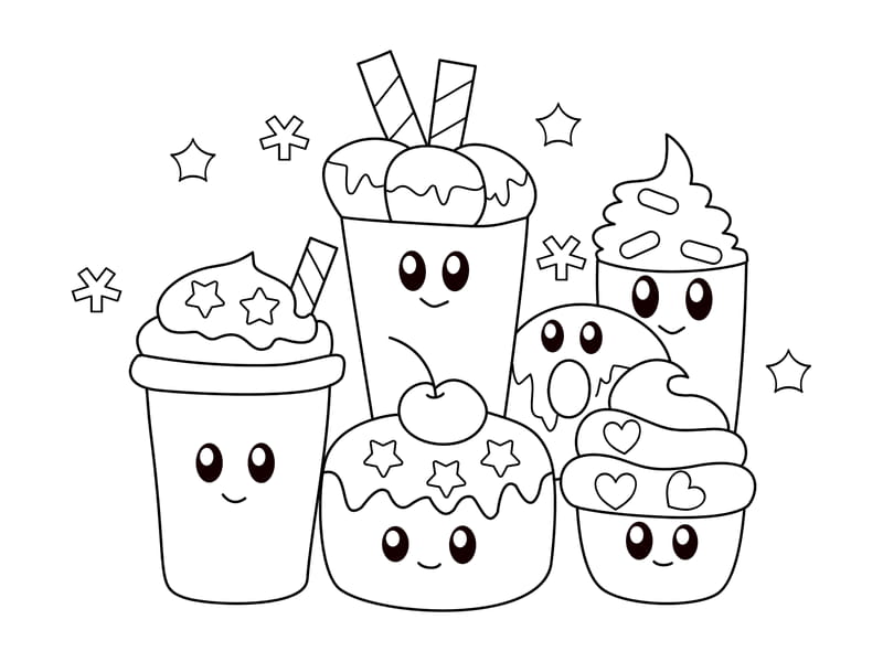 Bunch of Cute Desserts Coloring Page