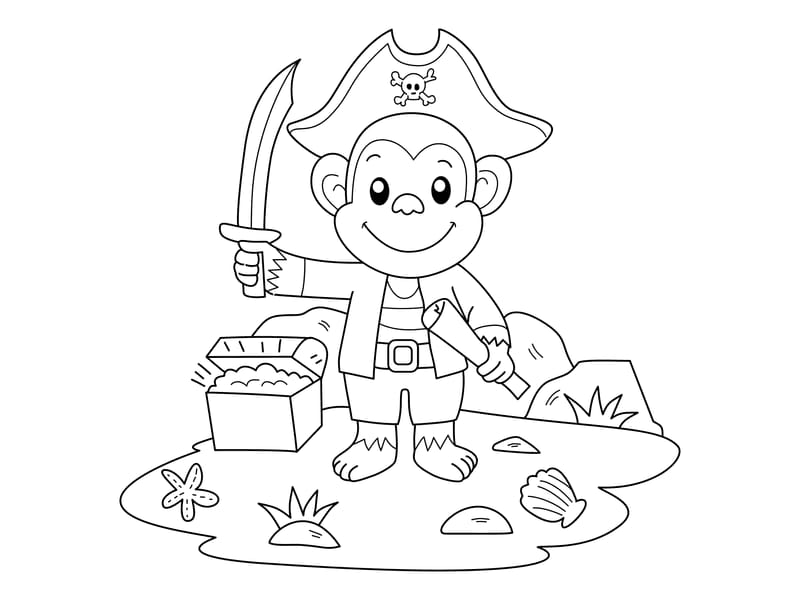Monkey in Pirate Hat Coloring Page