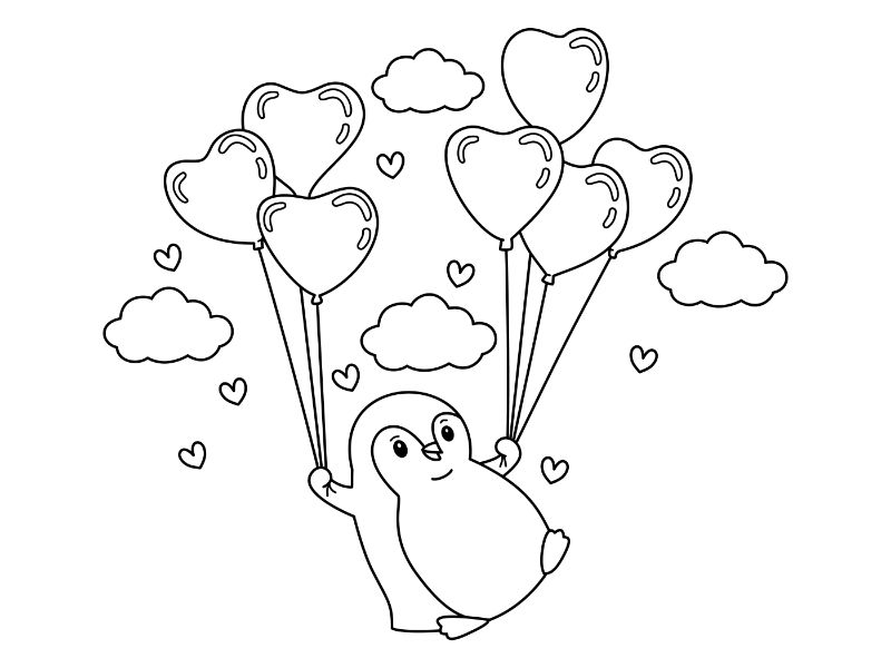 Penguin Balloons Coloring Page