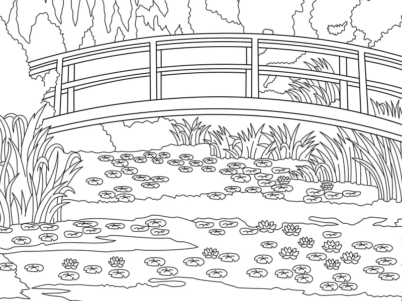 Monet - Water Lilies and Japanese Bridge Coloring Page