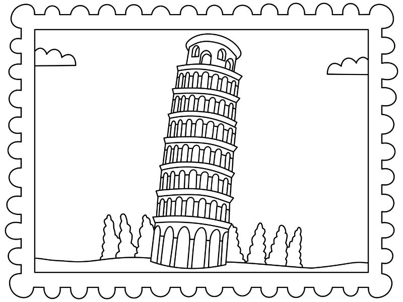 Leaning Tower of Pisa Postcard Coloring Page