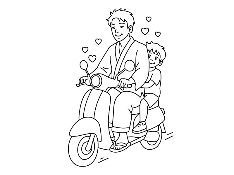 Dad and Son on Motor Bike Coloring Page