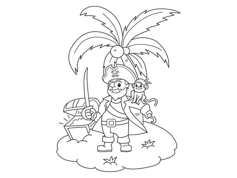 Pirate on Island with Monkey on Shoulder Coloring Page