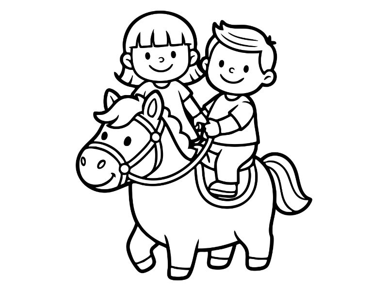 Kids On A Pony Coloring Page