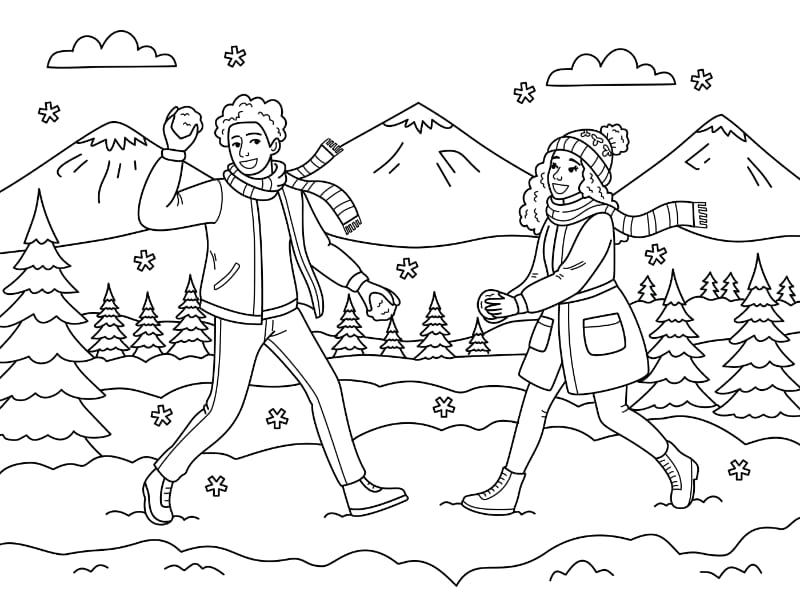 Snowball Fight Coloring Page